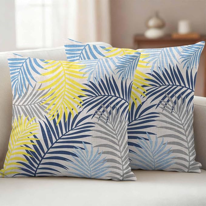 Outdoor Waterproof Throw Pillow Covers, Blue Yellow Grey Palm Leaves Decorative Pillow Cases, Summer Botanical Tropical Leaf Couch Pillow Protector Patio Sofa Cushion Covers Replacement 24"x24" 2 Pack