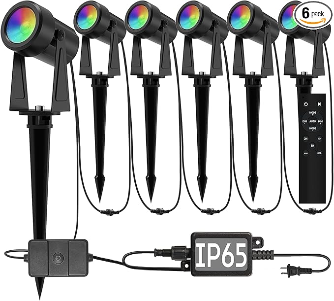 SUNTHIN Outdoor Landscape Lighting with Remote, RGBW Color Changing Spot Uplights, 6 Pack