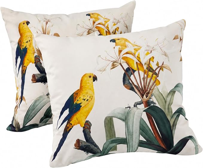 2pcs Outdoor Decor Pillows, Insert and Cover, Waterproof & Fade-Resistant Patio Couch Cushions for Garden, Porch, Poolside Sofa (Watercolor Parrot, 18x18in)