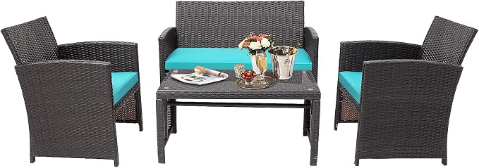 HAPPYGRILL Set of 4 Rattan Conversation Set Outdoor Wicker Furniture Set with Tempered Glass Coffee Table, Soft Cushions, Weather-Resistant Rattan Chair Set for Garden Backyard Poolside