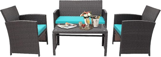 HAPPYGRILL Set of 4 Rattan Conversation Set Outdoor Wicker Furniture Set with Tempered Glass Coffee Table, Soft Cushions, Weather-Resistant Rattan Chair Set for Garden Backyard Poolside