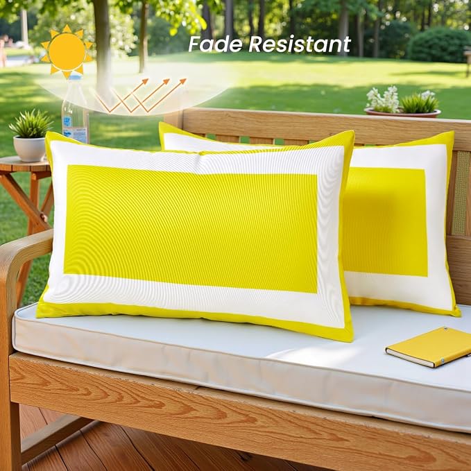 JOJOGOGO 12x20 Mustard Yellow Outdoor Lumbar Pillow Covers Waterproof & Sunproof Set of 2, White and Yellow Outdoor Decorative Lumbar Pillows for Patio Furniture and Porch Decor(Without Inserts)