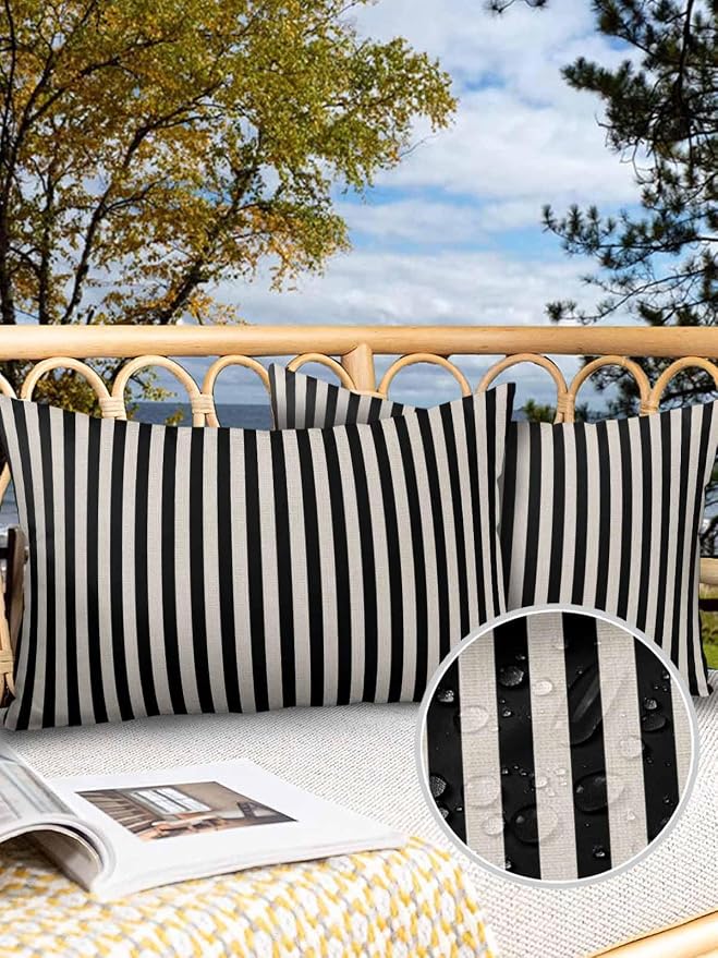 Outdoor Waterproof Throw Pillow Covers Set of 2 Black Stripes Lumbar Pillowcases 20x12 Inches Linen Classic Vertical Striped Patio Decorative Pillows Cushion Case Patio Pillows for Couch Bed Garden