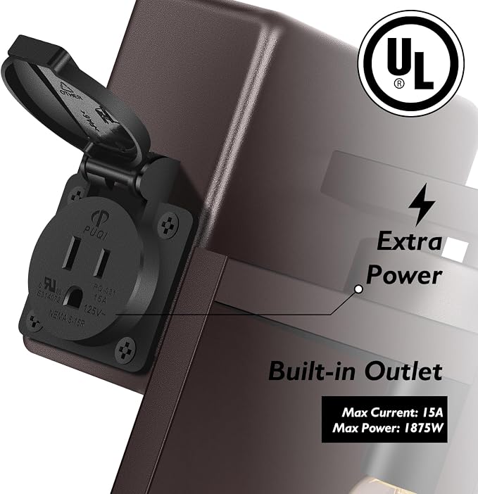 BesLowe Porch Lights with Outlet, Brown Modern Outdoor Wall Light Fixtures | UL-Listed Extra Power Socket, Waterproof, Rust-Resistant, Durable Metal with Clear Glass, Easy to Install