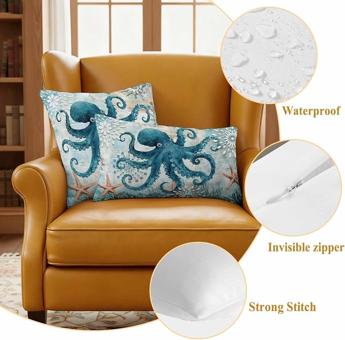 Ocean Creature Outdoor Waterproof Throw Pillow Covers Set of 2, 16"x16", Eight Pawfish Corals Sea Stars Decorative Pillow Covers Outside Cushion Case for Patio Porch Garden