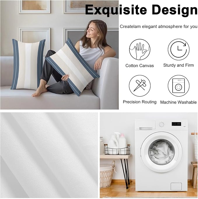 Haze Blue Beige Stripe Outdoor Pillow Covers Waterproof, All Weather Cushion Case Set of 2, Modern Art Horizontal Striped Lumbar Pillowcase for Sofa Couch Bed Decor Patio Furniture 20"x12"