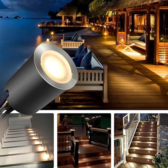 10 Pack Recessed LED Deck Light Kits with Protecting Shell, 32mm, Warm White, IP67 Waterproof, 12V Low Voltage, for Outdoor Garden, Patio, Stair, Kitchen Decoration