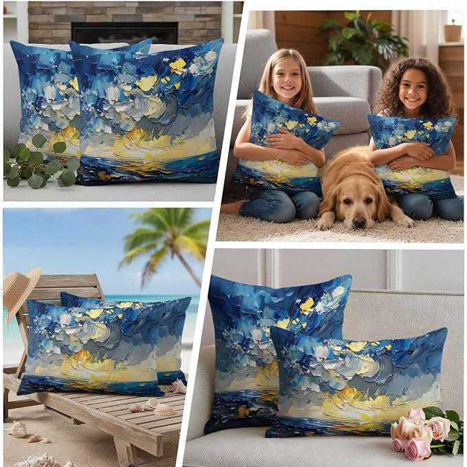 Modern Abstract Waterproof Outdoor Pillow Covers Set of 2 Home Decor, Blue Yellow Abstract Ombre Oil Painting Pillowcase Patio Pillow Covers for Couch Bench Furniture Garden 20x20in