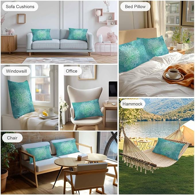 Vandarllin Outdoor Throw Pillows Covers 20x12 inch Set of 2 Waterproof Turquoise Boho Floral Decorative Zippered Cushion Covers for Patio Furniture, Bohemian Flower Lumbar Pillowcases
