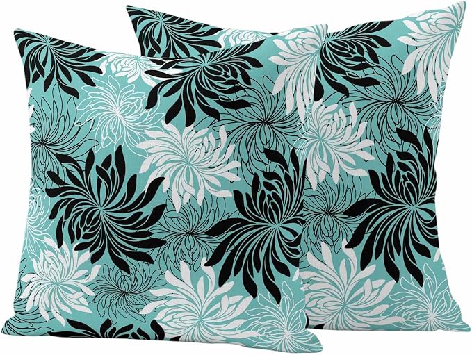 Yukro Teal Black Floral Outdoor Waterproof Pillow Covers Pack of 2, Vintage Teal White Black Flower Decorative Throw Pillowcases Cushion Covers for Garden Patio Tent Sofa Couch, 26x26 inch