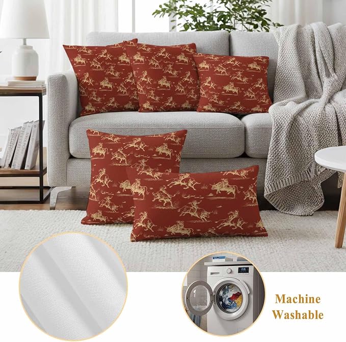 Orange Western Cowboys Outdoor Pillow Covers Waterproof, All Weather Cushion Case Set of 2, Vintage Country Cow Grass Decorative Pillowcases for Sofa Couch Bed Decor Patio Furniture 18"x18"