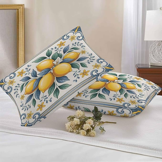 Lumbar Pillow Covers 20x12 Inch Set of 2, Yellow Blue Lemon Waterproof Outdoor Cushion Covers, Summer Botanical Watercolor Decorative Pillowcases for Couch, Sofa, Bed, Garden, Patio