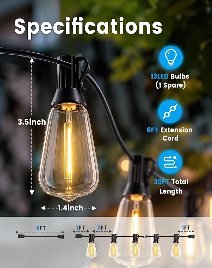 30FT(24+6) String Lights Outdoor, 2FT Bulb Spacing, Waterproof Shatterproof Warm White ST38 LED Edison Bulbs, Extension Cord, Plug in Connectable Hanging Patio Lights for Outside, Backyard
