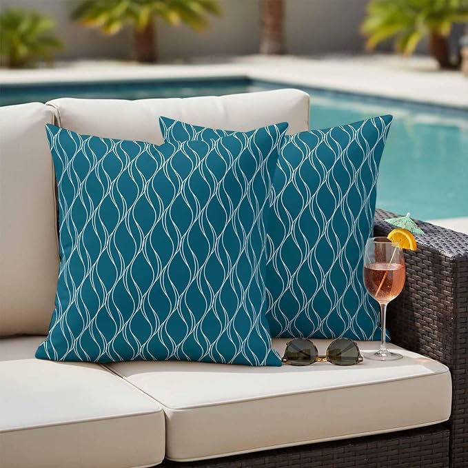 Teal Blue Stripes Outdoor Pillow Covers 20x20 Inch Throw Pillow Covers Set of 2 Waterproof Decorative Pillow Cases Simple Geometric Modern Monochrome Cushion Covers for Patio Furniture Garden Couch
