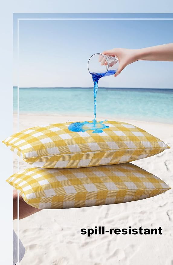 Outdoor Waterproof Throw Pillow Covers Set of 2 Yellow Buffalo Check Plaid Lumbar Pillowcases 20x12 Inches Farmhouse Style Patio Decorative Pillows Cushion Case Patio Pillows for Couch Bed Garden