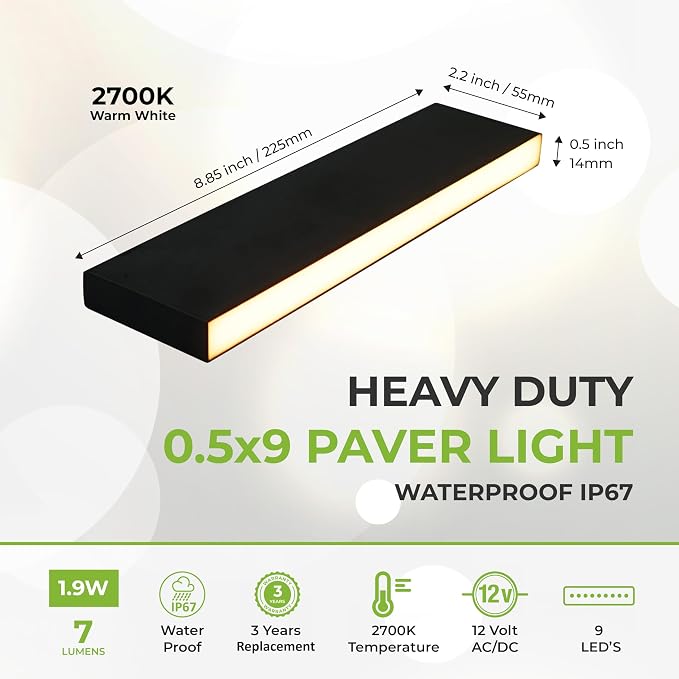 LUMENGY Paver Light Slim 0.5x9 Inch (0.55x8.85), 2700K Warm White, Glare-Free Linear Lighting for Driveways, Walkways and Paver Borders, 12V Hardwired, IP67 Waterproof, Drive-Over Rated