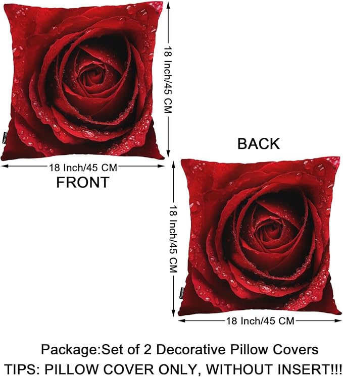 Swono Rose Pack of 2 Decorative Throw Pillow Covers Cushion Covers, Blossom Rose Water Drops Couch Pillow Case Boho Cushion Pillowcase for Bedroom Sofa Living Room 18X18 Inches, Red Rose Petals