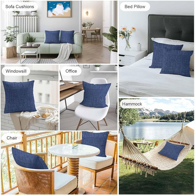 Vandarllin Outdoor Throw Pillows Covers 26x26 inch Set of 2 Waterproof Navy Blue Linen Decorative Zippered Cushion Covers for Patio Furniture, Farmhouse Pure Color Lumbar Pillowcases