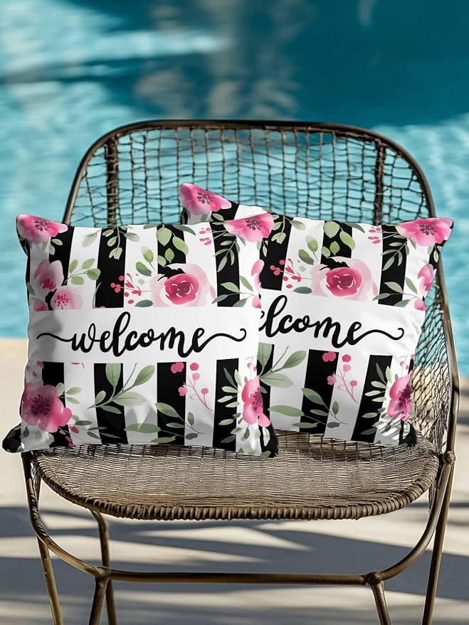 Outdoor Waterproof Throw Pillows Welcome Words Pink Flowers Patio Pillows Pack of 2,Decorative Pillow Covers with Insert,Pillow Cushion Case for Garden Couch Sofa Country Black Line