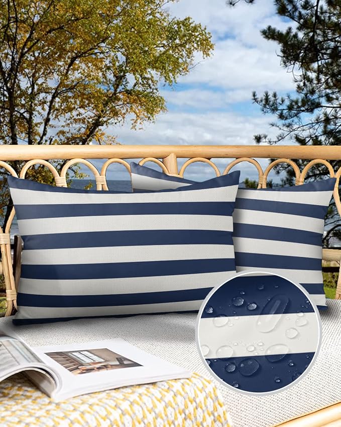 Simple Navy Blue White Stripes Outdoor Pillow Covers Set of 2,Decorative Waterproof Throw Pillow Case, Nautical Theme Stripe Cotton Linen Soft Cozy Cushion Pillowcases