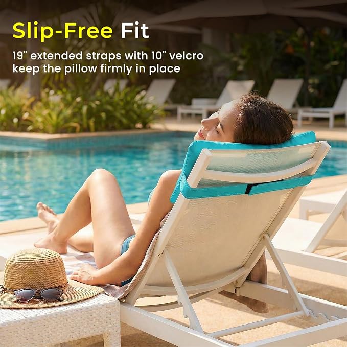 Sunbrella Headrest/Lumbar Pillow with Velcro Strap, Aruba (Turquoise) | Outdoor Pillow for Chaise Loungers, Pool Chairs & Patio Furniture, 18" x 8" x 3"