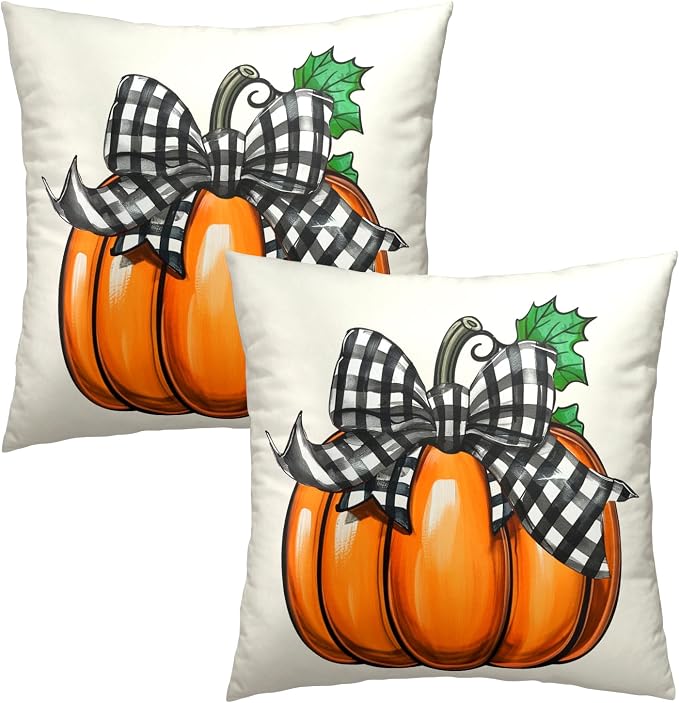 Fall Throw Pillow Covers 16x16 Inch, Set of 2 Orange Pumpkin Farmhouse Square Pillowcases Cotton Cushion Cover for Living Room Bedroom Couch Sofa Porch Cabin Seasonal Decor