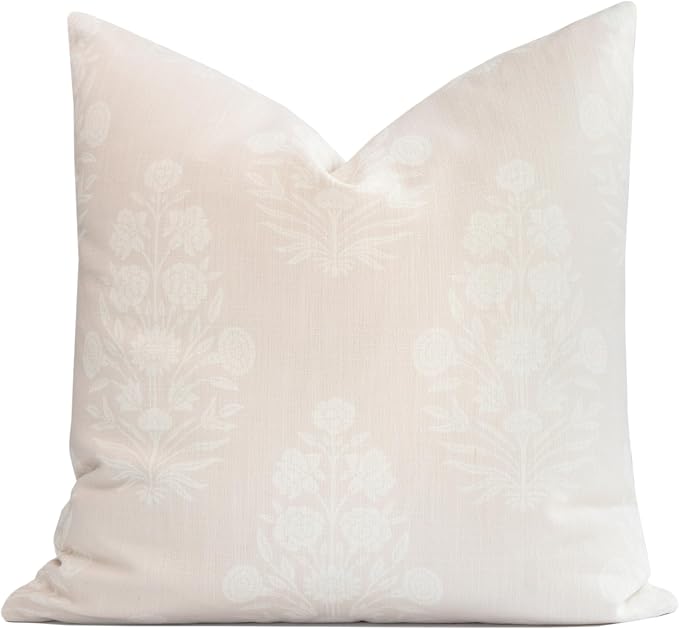 Coastal Linen Indoor Outdoor Throw Pillow Cover Only, 20"x20" Water Repellent for Patio, Backyard, Couch, Neutral Beige Floral
