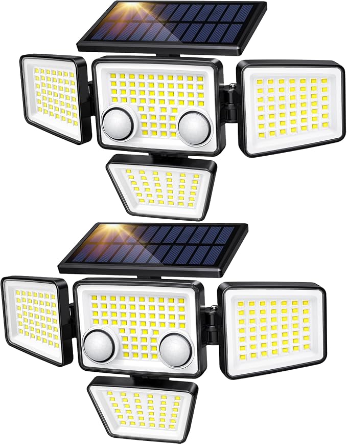 LYWALT Solar Outdoor Lights - 3000LM 188 LED Motion Sensor Outdoor Lights, 4 Heads Security Light,IP65 Waterproof, Easy Install,270°Wide Angle Flood Wall Light with 3 Modes for Backyard Yard