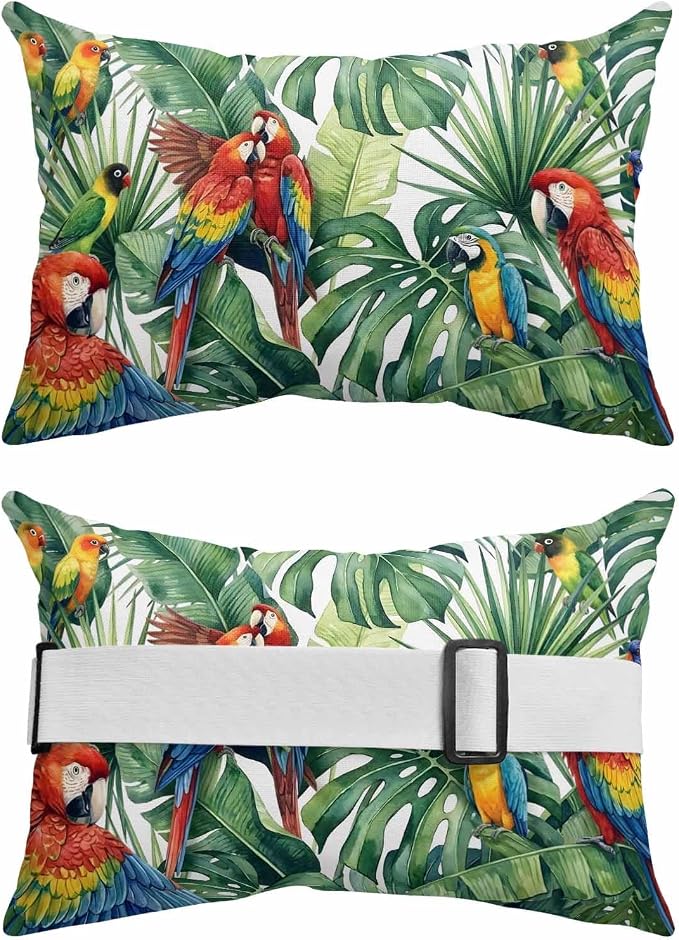 Outdoor Lumbar Pillow Set of 2, Tropical Plants Waterproof Beach Headrest Pillow with Inserts, Summer Rustic Monstera Palm Leaves Birds Green Recliner Throw Pillows for Patio Furniture, 12 x 20