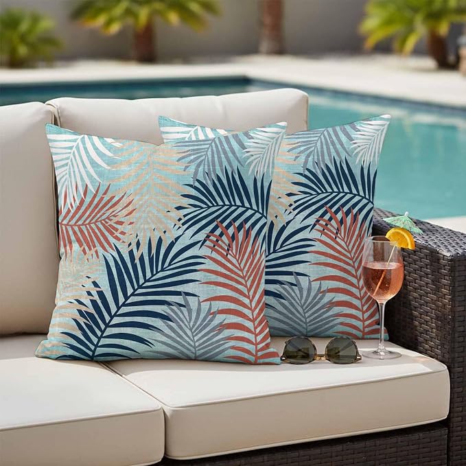 Outdoor Waterproof Throw Pillow Covers, Red Blue Teal Palm Leaves Decorative Pillow Cases, Summer Botanical Tropical Leaf Couch Pillow Protector Patio Sofa Cushion Covers Replacement 26"x26" 2 Pack