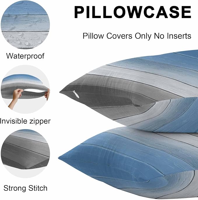 Blue Gray Outdoor Pillow Covers 18x18 Inch Throw Pillow Covers Set of 2 Waterproof Decorative Pillow Cases Vintage Farmhouse Gradient Wooden Grain Art Cushion Covers for Patio Furniture Garden Couch