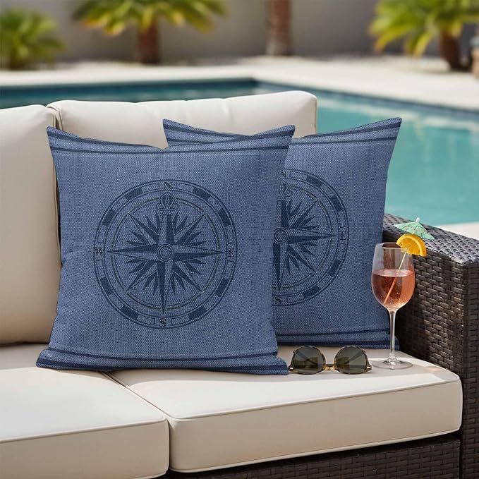 Compass Navigation Outdoor Waterproof Throw Pillow Covers Set of 2, 18"x18", Guide Letter Printing Decorative Pillow Covers Outside Cushion Case for Patio Porch Garden