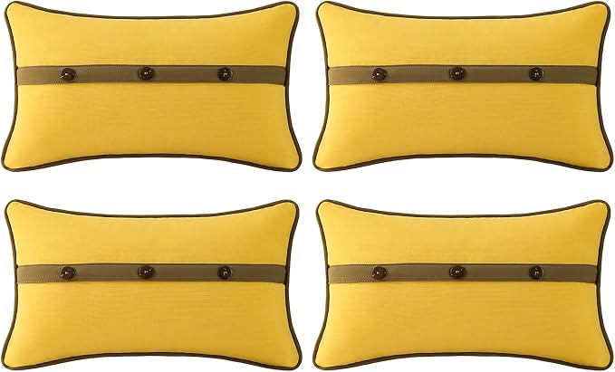 Outdoor Sunbrella Decorative Pillows with Triple Coconut Buttons Pack of 4, 20" x 12" Outdoor Pillow Set for Couch Bed Throw Patio Sofa, Spectrum Daffodil/Canvas Cocoa