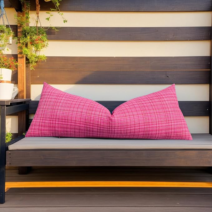 Kevin Textile Outdoor Waterproof 14"x36" Pillow Cover 1 Pack, Hot Pink | Water Resistant, Faux Linen Yarn-dyed, Woven Texture Throw Pillow Covers for Tent Patio Garden Couch Sofa