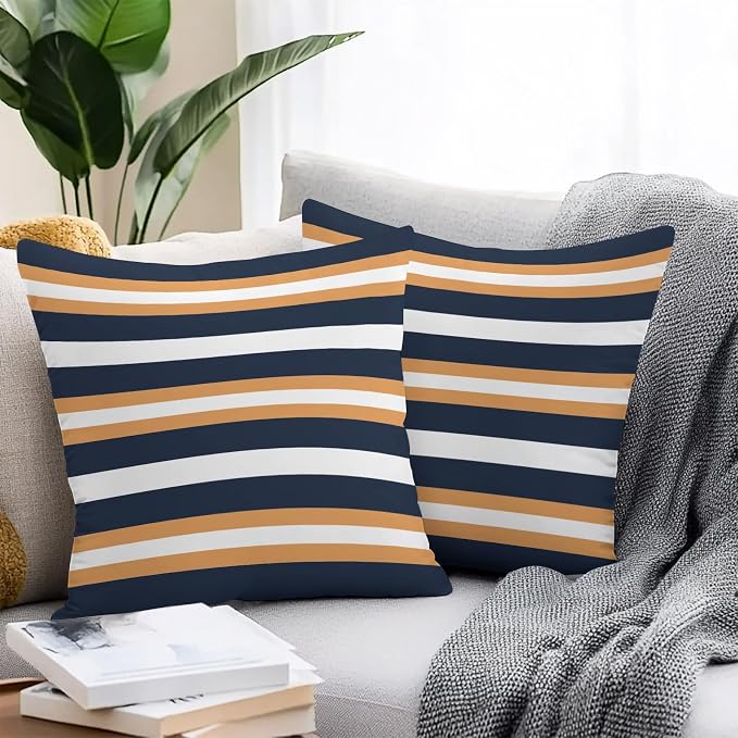 Orange Navy Blue Striped Outdoor Pillow Covers Waterproof, All Weather Cushion Case Set of 2, Minimalist Farmhouse Lines Decorative Pillowcases for Sofa Couch Bed Decor Patio Furniture 18"x18"