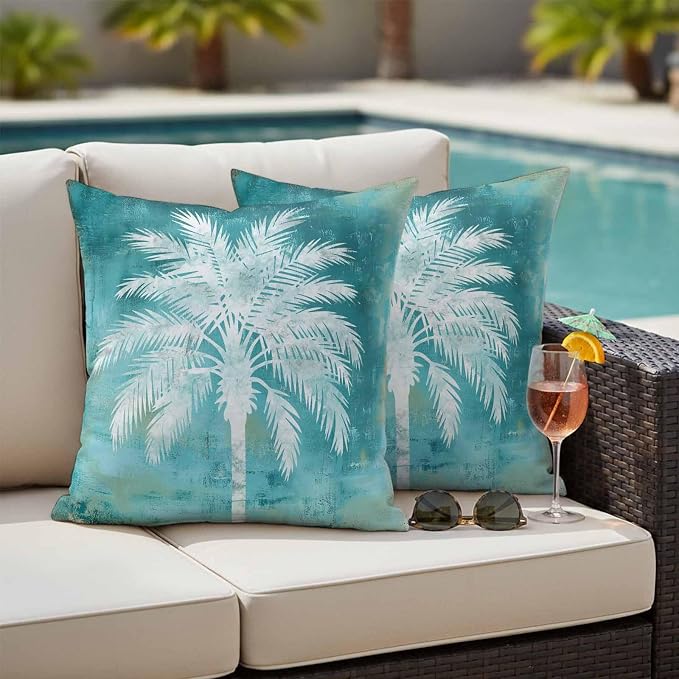 Teal Summer Palm Tree Outdoor Waterproof Pillow Covers, Coastal Beach Tropical Botanical Decorative Square Throw Pillowcase, Vintage Sofa Cushion Sham for Patio/Couch/Chair, 18"x18" 2 Pack
