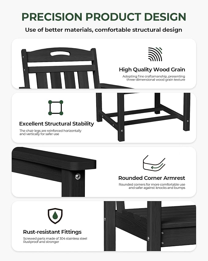 Set of 2 Weatherproof Patio Chairs - HDPE Outdoor Dining Chairs with Wide Seat, Ergonomic Design - for Garden, Backyard, Deck - Black