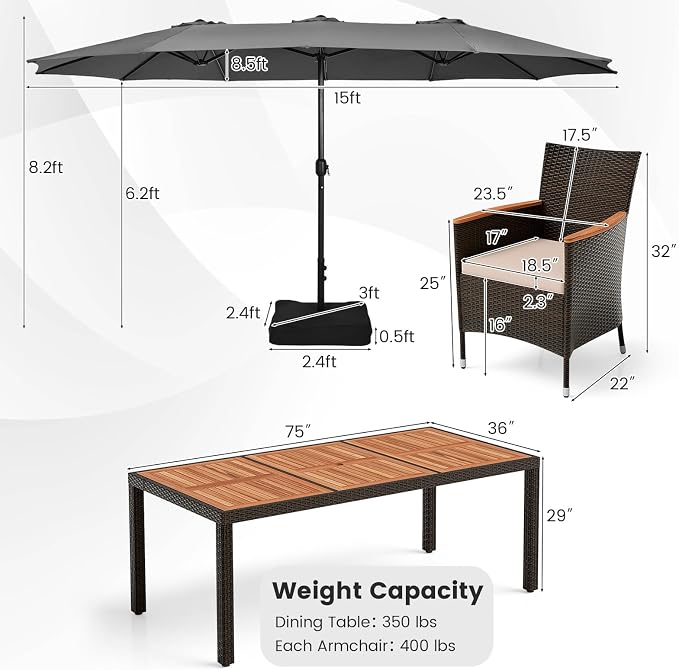 Tangkula 11 Pieces Patio Dining Set with 15ft Double-Sided LED Patio Umbrella (Base Included), Outdoor Rattan Furniture Set with 8 Stackable Chairs, Acacia Wood Dining Table and Umbrella (Gray)