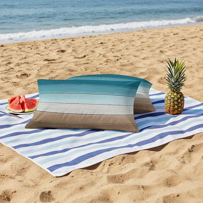 Turquoise Brown Outdoor Pillow Covers 20x12 Inch Lumbar Pillow Covers Set of 2 Waterproof Decorative Throw Pillow Cases Farmhouse Retro Wooden Grain Striped Cushion Covers for Patio Furniture Garden