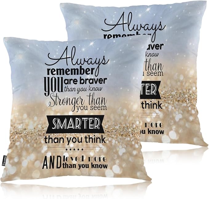 Swono Inspiration Quote Pack of 2 Decorative Throw Pillow Covers Cushion Covers, Remember You are Stronger Braver Couch Pillow Case Boho Pillowcase for Home Sofa Car 18"X18" Sparkle Golden