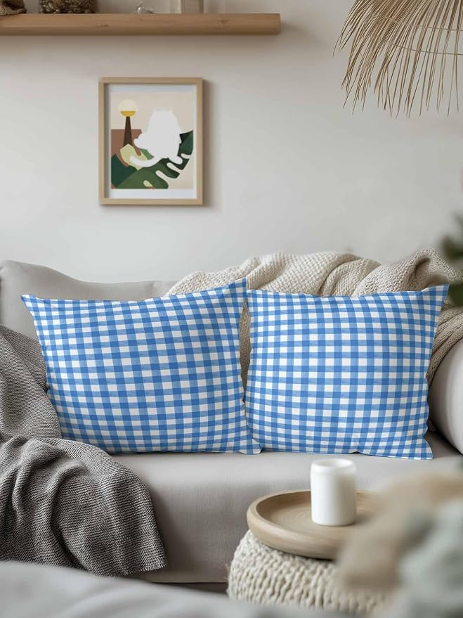 Outdoor Waterproof Throw Pillows Light Blue Gingham Check Patio Pillows,Decorative Pillow Covers with Insert,Pillow Cushion Case for Garden Couch Sofa Country Classic Plaid