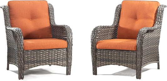 Outdoor Wicker Chair Rattan Dining Chairs Set of 2 PE Wicker Patio Chairs with 4inch Seat Cushions Seating Chair for Garden, Backyard Swimming Pool, Balcony, Orange