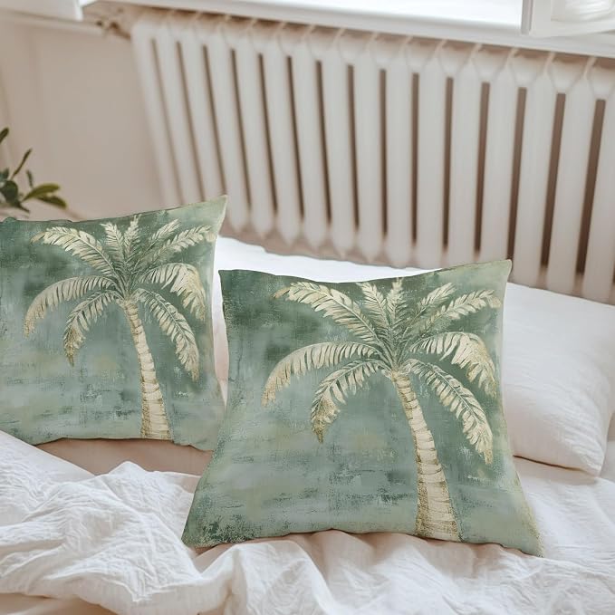 Coastal Beach Tree Sage Green Outdoor Waterproof Pillow Covers, Vintage Summer Palm Tree Decorative Square Throw Pillowcase, Tropical Botanical Sofa Cushion Sham for Patio/Couch/Chair, 18"x18" 2 Pack