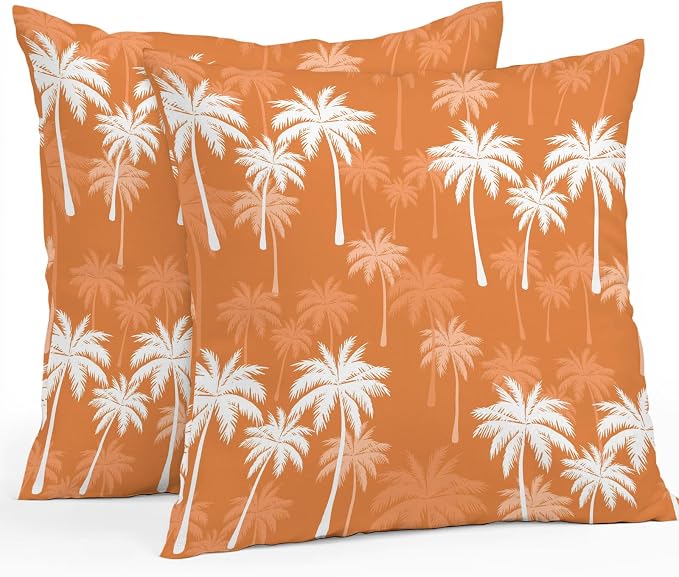 Throw Pillow Covers 24x24 Inch Set of 2, Tropical Palm Tree Waterproof Outdoor Pillow Covers, Orange White Plants Coastal Leaf Beach Decorative Cushion Pillowcases for Couch, Sofa, Bed, Garden, Patio