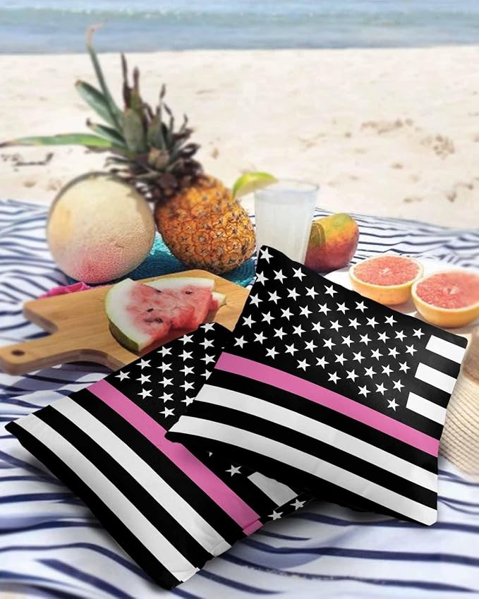 Outdoor Waterproof Pillow Covers Set of 2, Thin Pink Line Breast Cancer Awareness Women USA American Flag Patio Throw Pillow Covers, Decorative Cushion Case for Couch Sofa Furniture Garden, 16x16 Inch