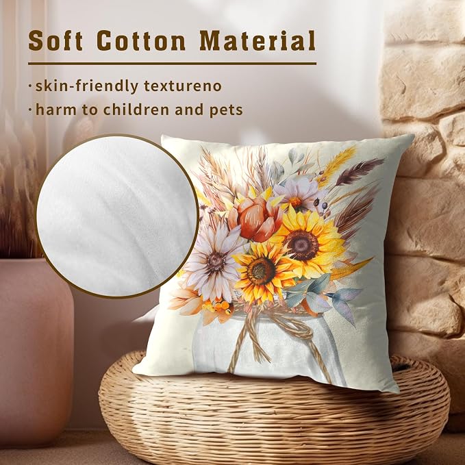 Autumn Flower Throw Pillow Covers 16 x 16 Inches Set of 2,Sunflower Daisy Wheat Floral Leaves Mason Jar Fall Farmhouse Decor Pillowcase Cushion Cover for Home Sofa Bedroom Car