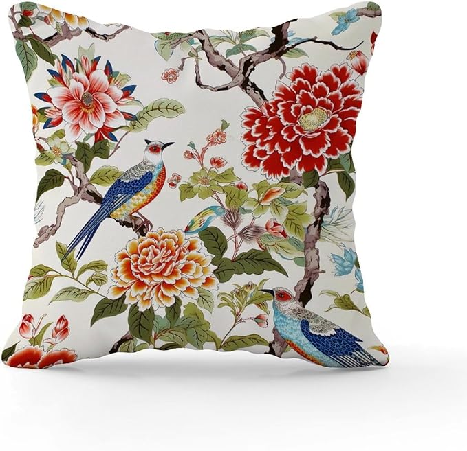 Chinoiserie Tree Peony Bird Throw Pillow Covers Floral Coral Turquoise Throw Pillow Cover Abstract Throw Pillow Covers Farmhouse Decorative for Patio Funiture Garden 16x16 in