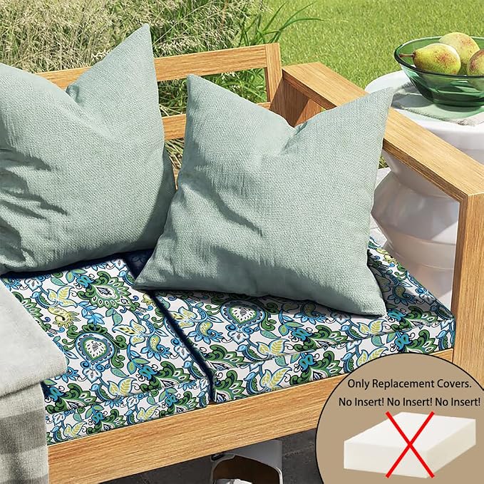 Magpie Fabrics Indoor Outdoor Cushion Cover Replacement 2 Pack, NO Insert! Water Repellent Slipcover with Ties Decor for Patio Garden Chair Seat Sofa Bench Wicker(Botanical Blue Green, 20x18x4 Inch)