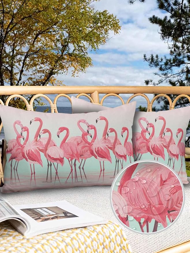 Outdoor Waterproof Throw Pillow Covers Set of 2 Pink Flamingo Lumbar Pillowcases 20x12 Inches Tropical Animal Ombre Teal Patio Decorative Pillows Cushion Case Patio Pillows for Couch Bed Chair Garden
