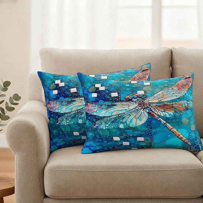 Blue Dragonfly Outdoor Pillow Covers Set of 2 Country Vintage Watercolor Dragonfly Wings Waterproof Throw Pillow Cover Decorative Cushion Cases for Patio Porch Garden 20X12 Inch